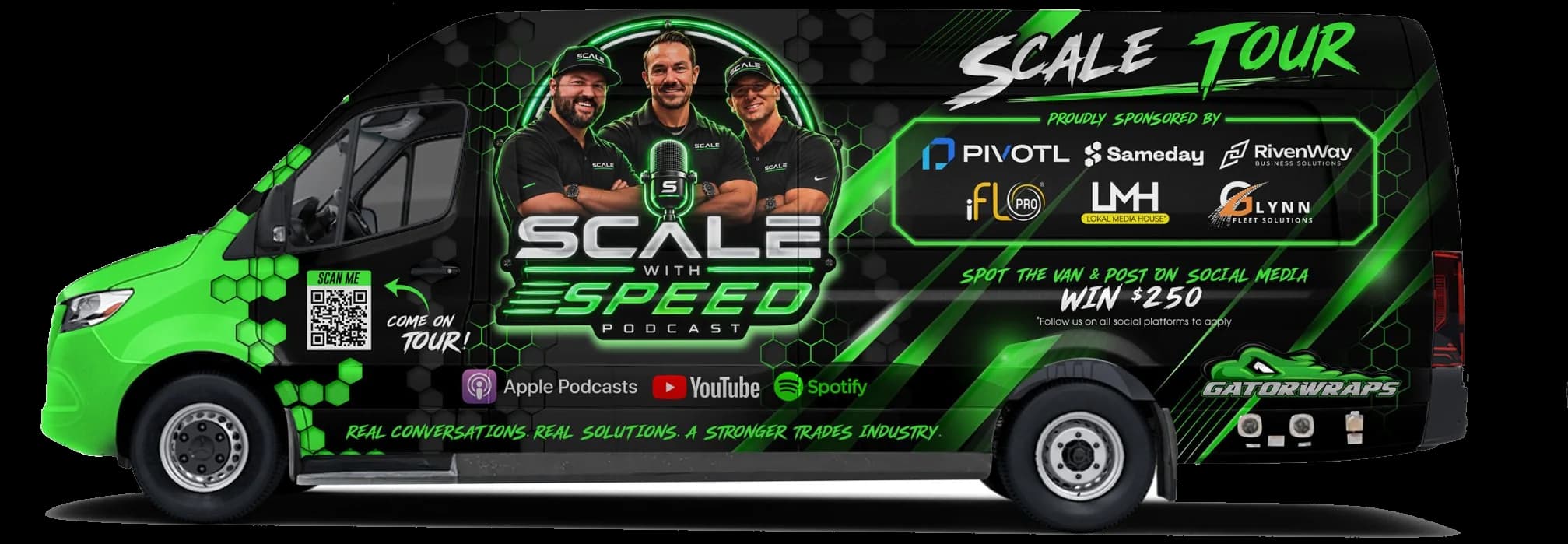 SCALE Tour van wrap design, driver side: Scale With Speed Podcast branding, the sponsor panel and a scan-me QR code